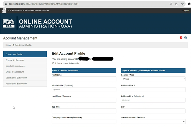 FDA Industry System page after loggedin